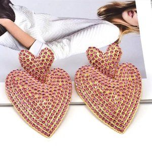 big double heart sparkling dangle statement earrings cubic zirconia rhinestone